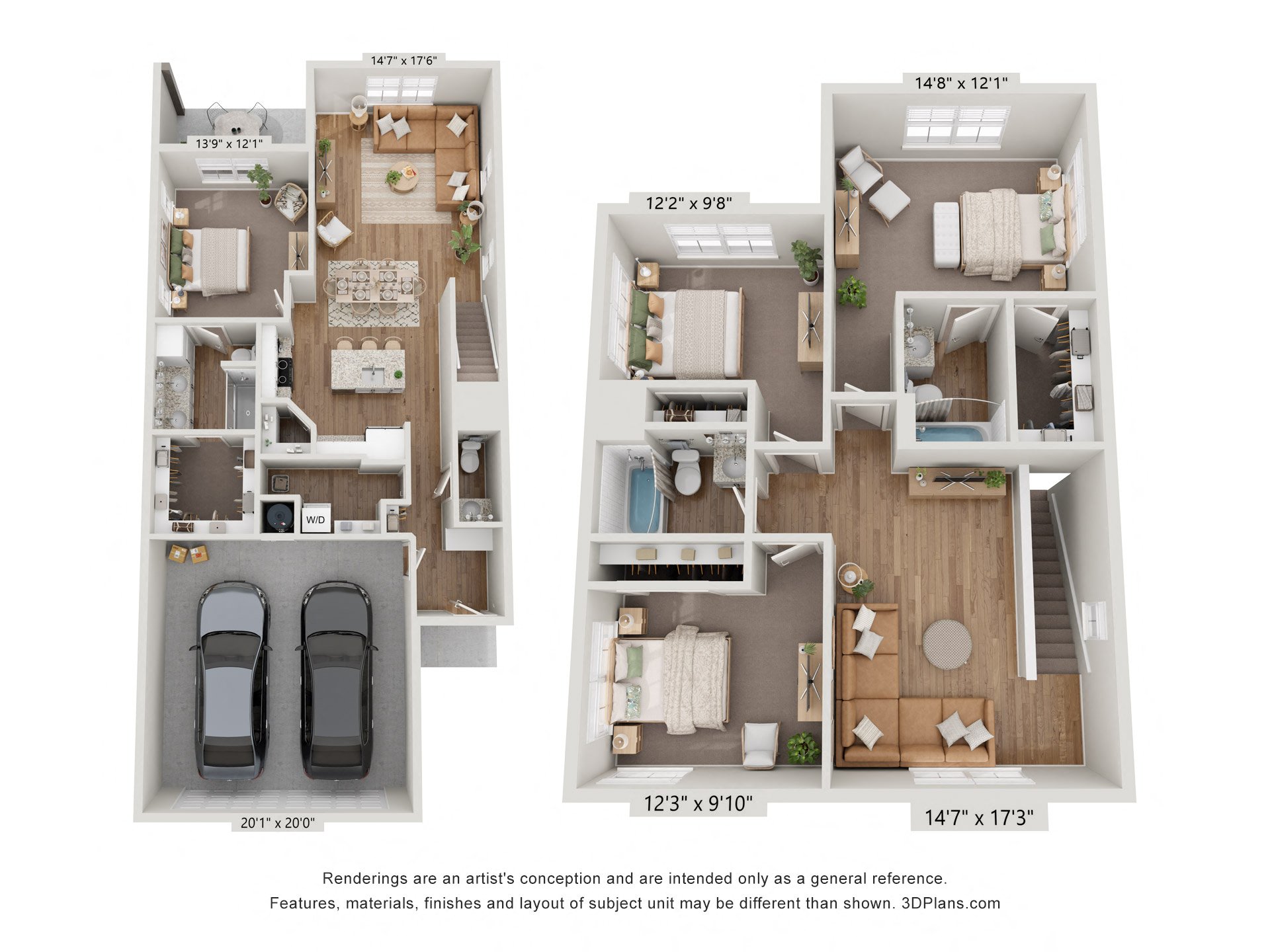 D2 Townhome - Cypress - 3D Floor Plan - Both Floors